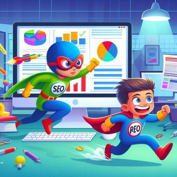A conceptual digital illustration representing SEO and plagiarism. The image features elements such as search engine optimization graphics, copyright symbols, and content duplication warnings, highlighting the importance of original content and ethical digital marketing practices.